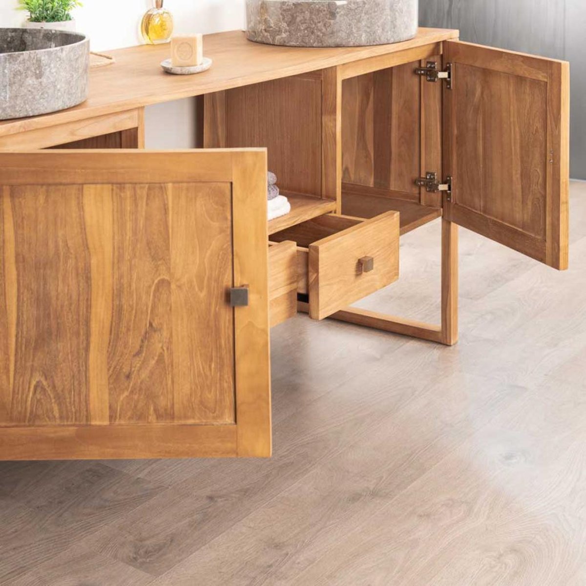 Meuble en teck massif rectangle double vasque 165 cm THÉA naturel, WANDA COLLECTION