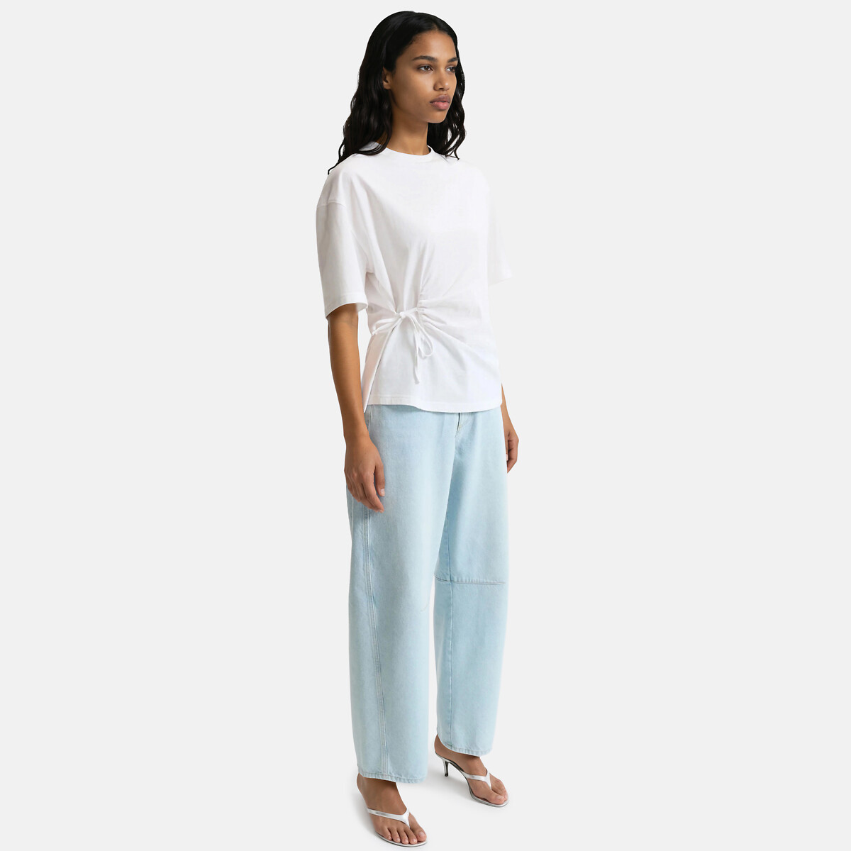 Short Sleeve T-Shirt with Crew Neck and Tie Fastenings white, LA REDOUTE COLLECTIONS