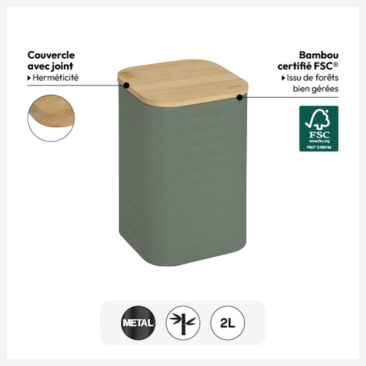 Boîte de conservation en métal 2L SENSIA vert, 5FIVE SIMPLY SMART