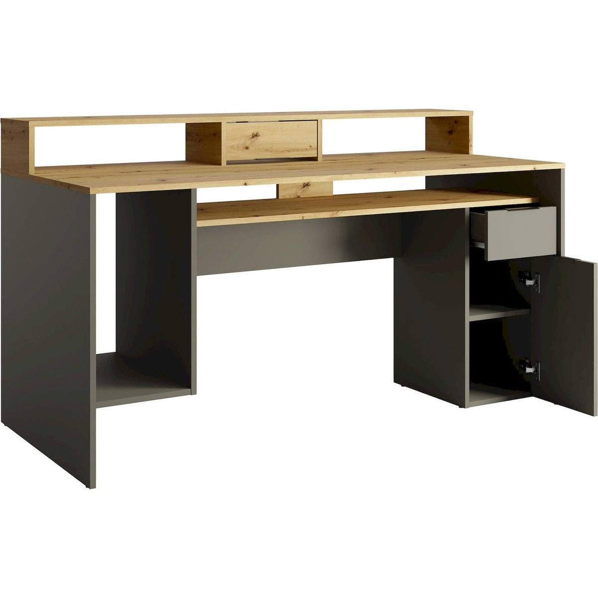 Bureau avec rangement et tiroir collection GIKKO chêne artisan et gris graphite, RECOLLECTION