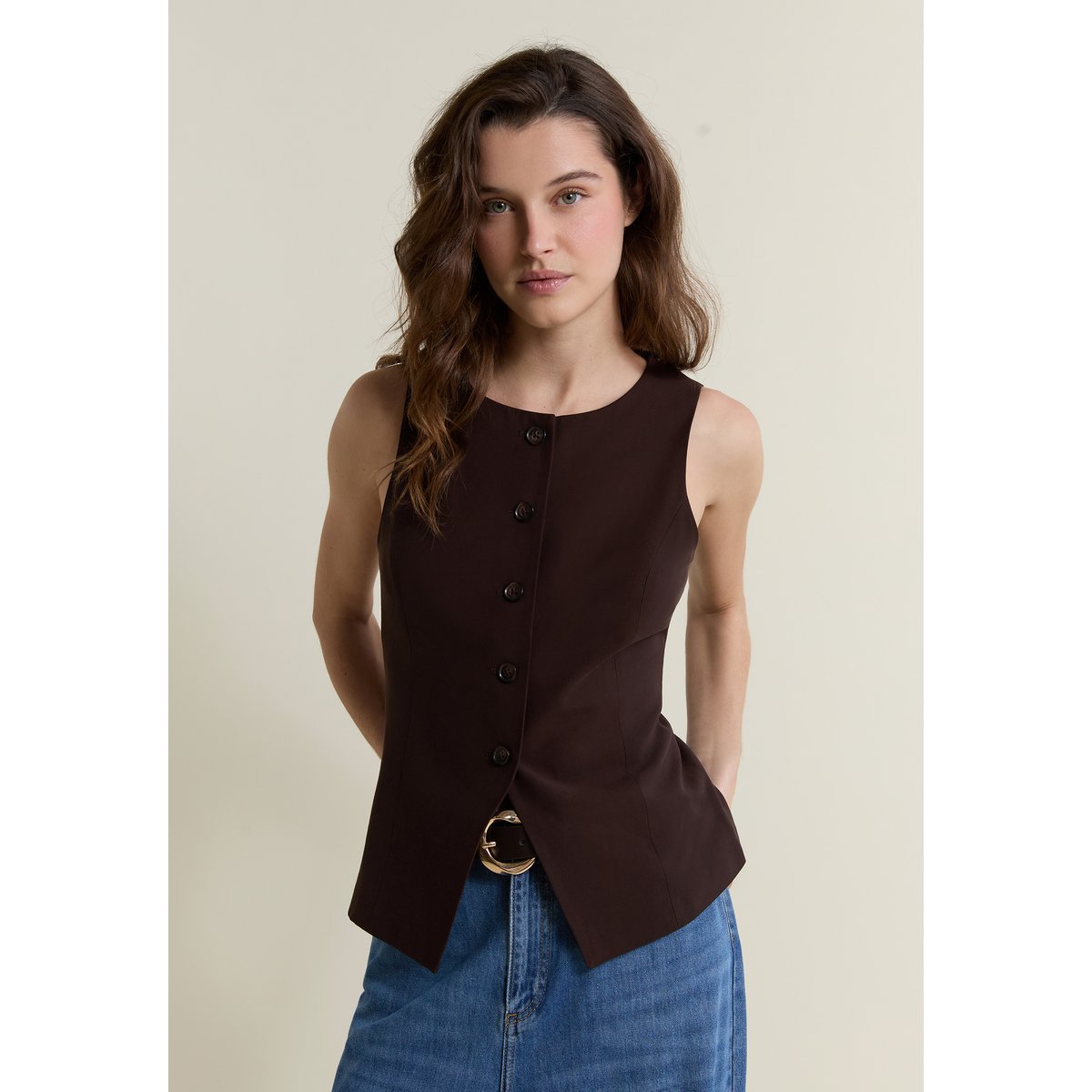 Top sans manches avec boutons HEALING marron, ETAM