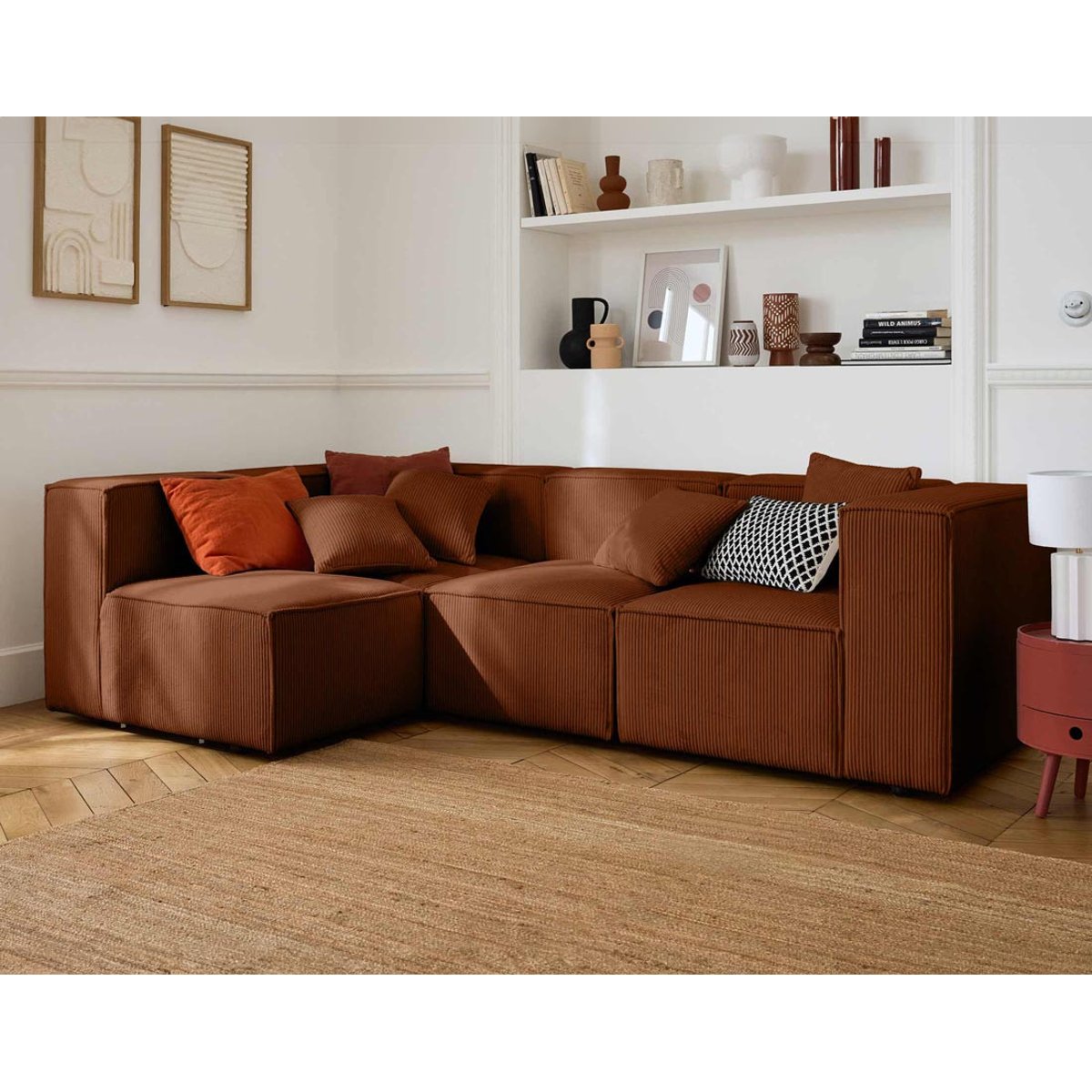 Canapé modulable d'angle gauche velours côtelé, ARTY terracotta, BEST MOBILIER