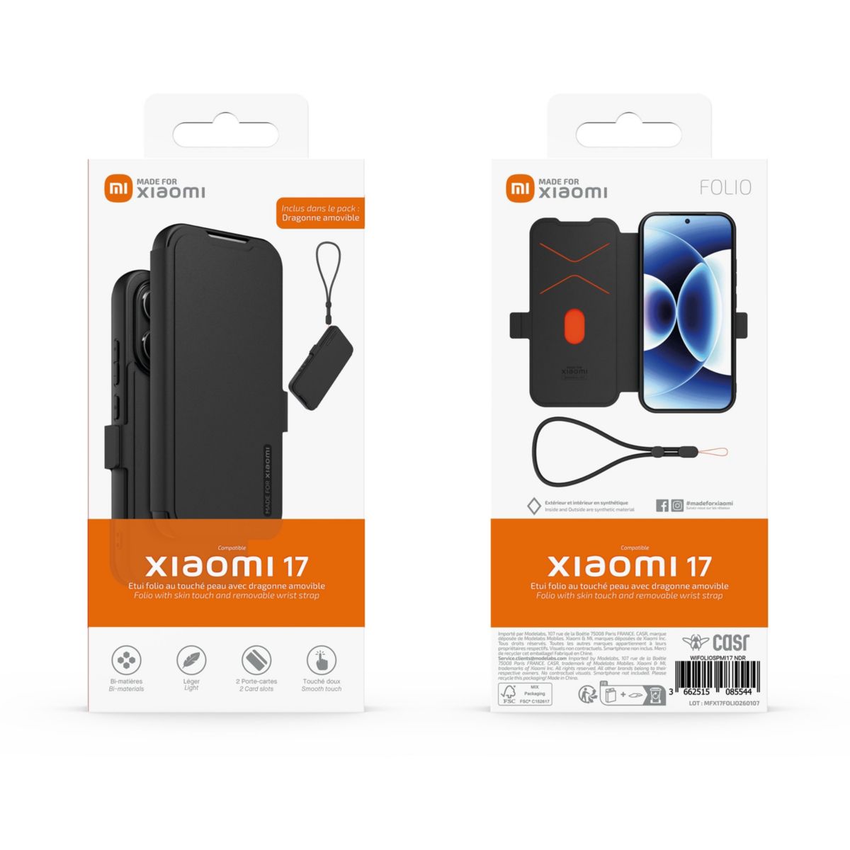 Etui avec cordon premium noir avec dragonne Xiaomi 17 couleur unique, MADE FOR XIAOMI