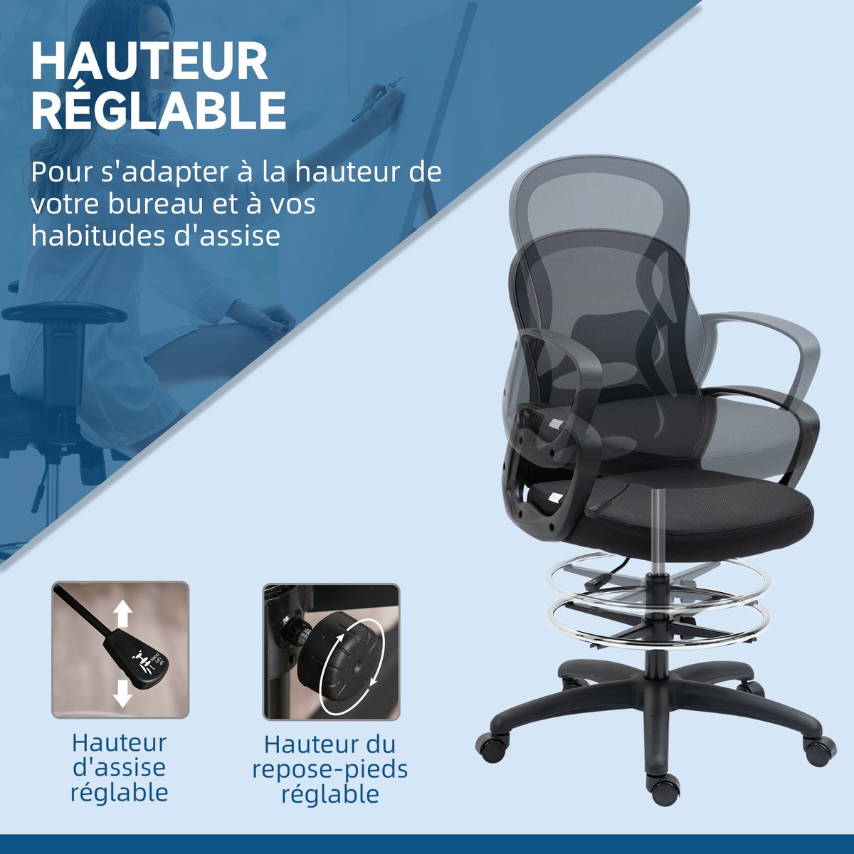 Chaise de bureau pour poste de travail debout noir, HOMCOM