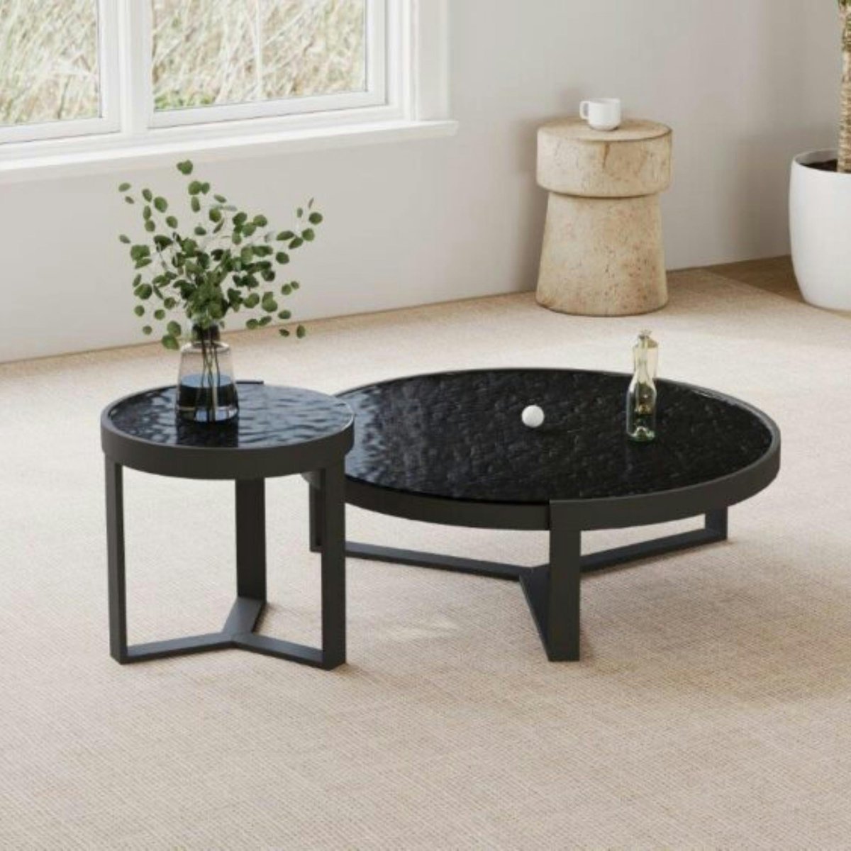 Table basse ronde en verre noir ondulé (lot de 2) LIGURIE noir, PIER IMPORT
