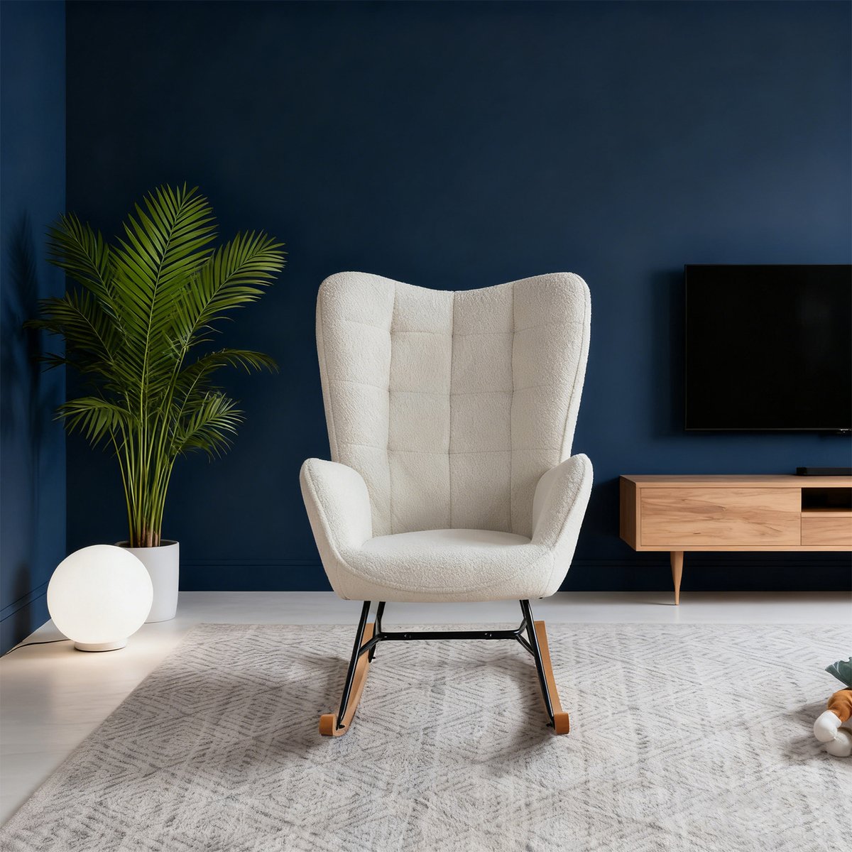 Fauteuil à bascule rocking chair style scandinave pieds en hêtre en tissu bouclette, FUNKEL blanc, MEUBLES COSY
