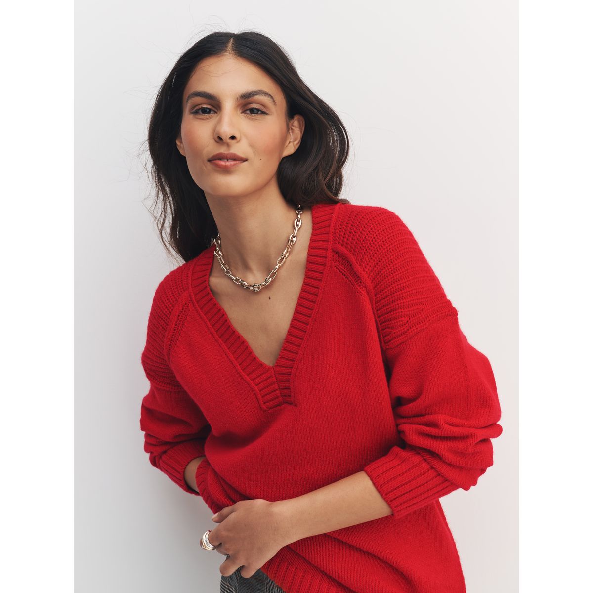 Pull long col v en mélange de laine et coton rouge cerise, NEXT