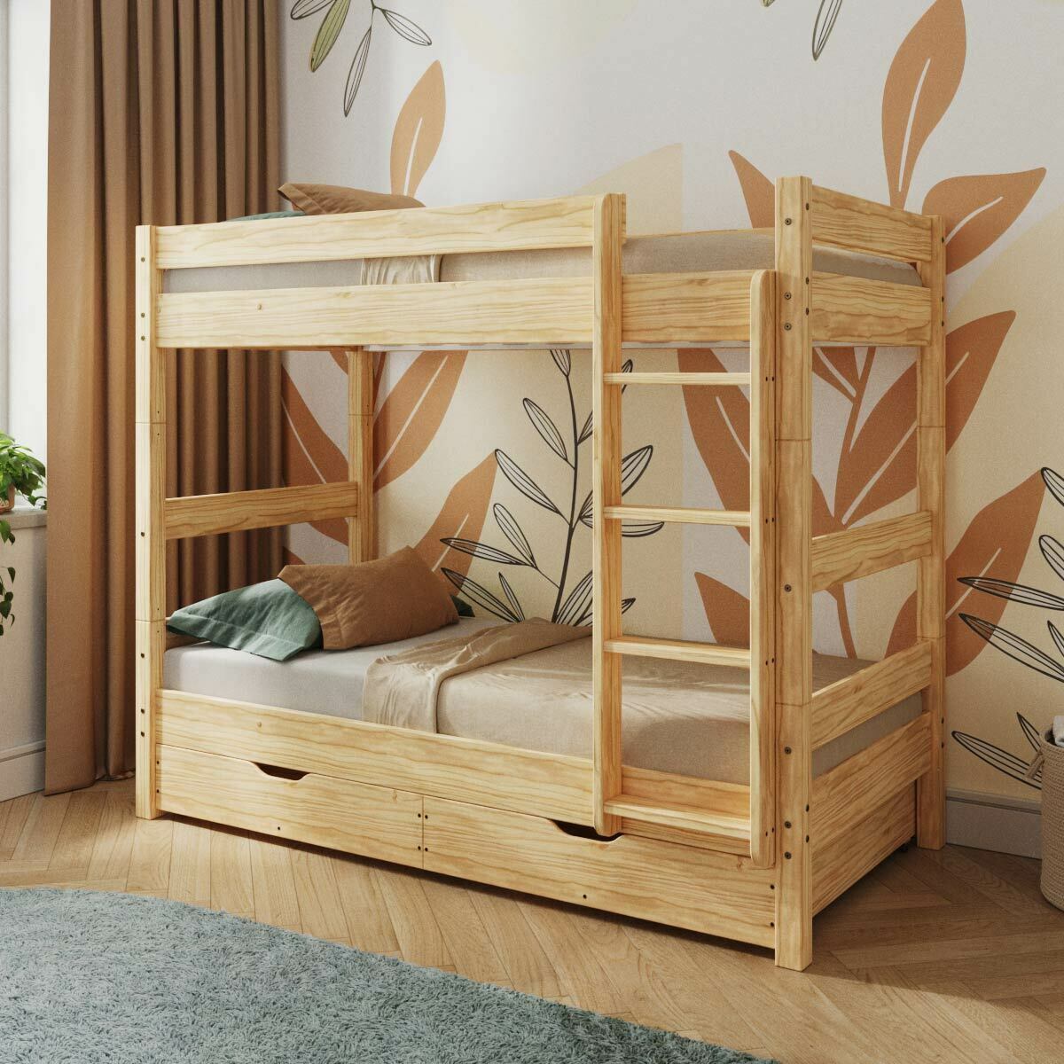 Pack lit superposé séparable avec tiroirs Bois massif AARON bois naturel, AKITEN RETAIL