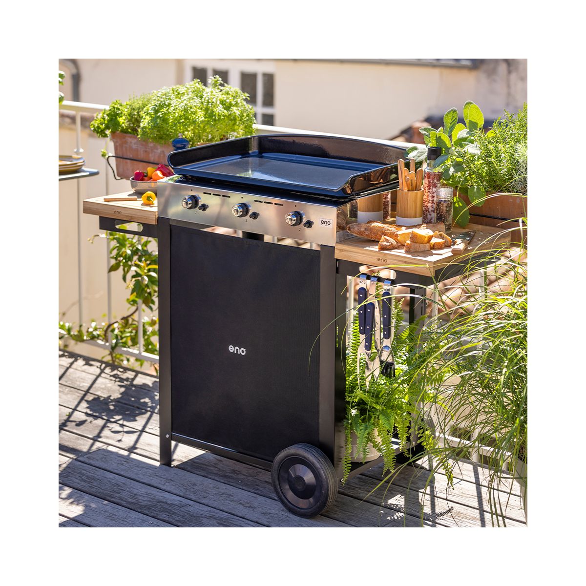 Plancha gaz Combo Initial 65 Inox 3 bruleurs sur chariot, 62x36 cm inox, ENO