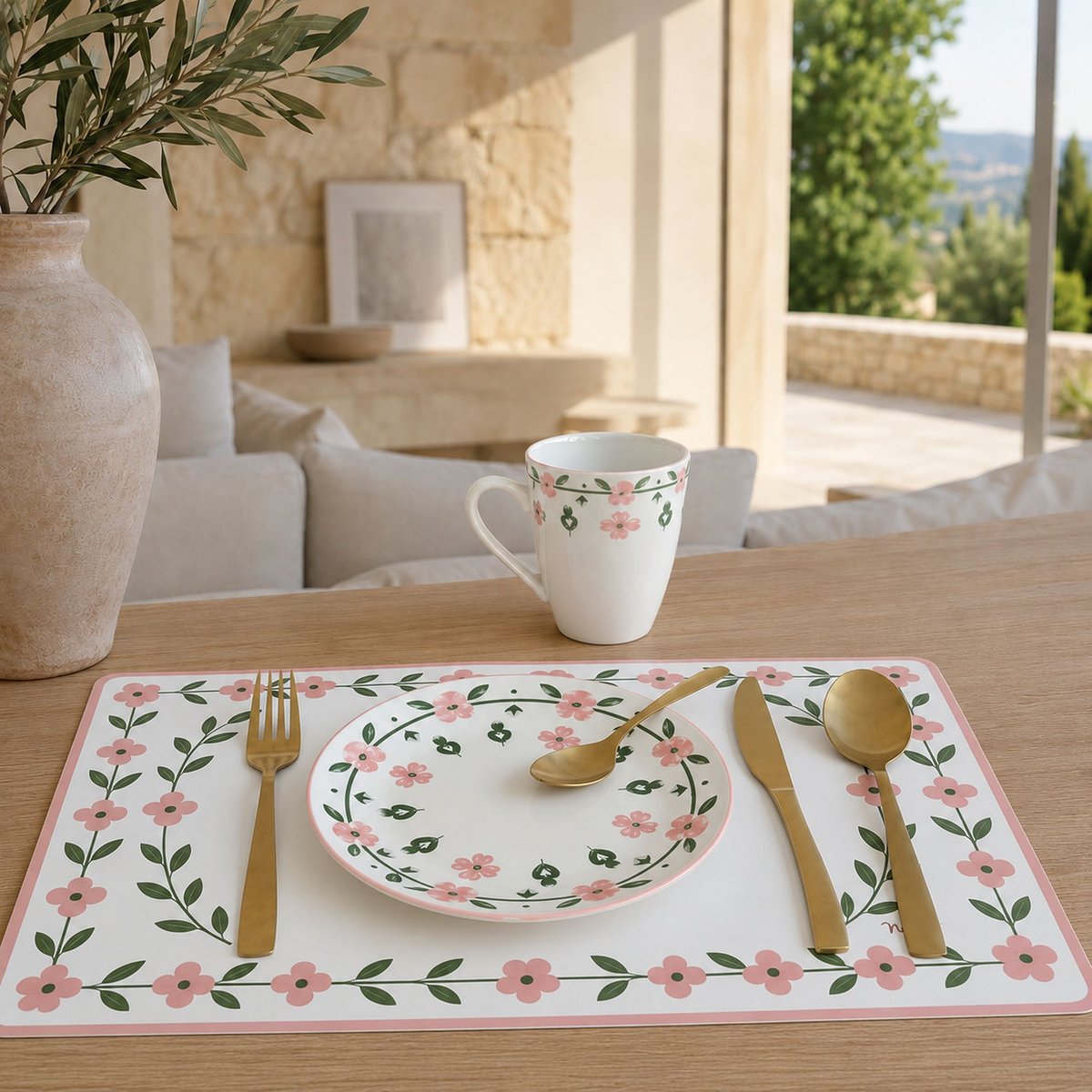 Lot de 6 assiettes à dessert 19cm en porcelaine, PRIMAVERA blanc-rose, NOVASTYL