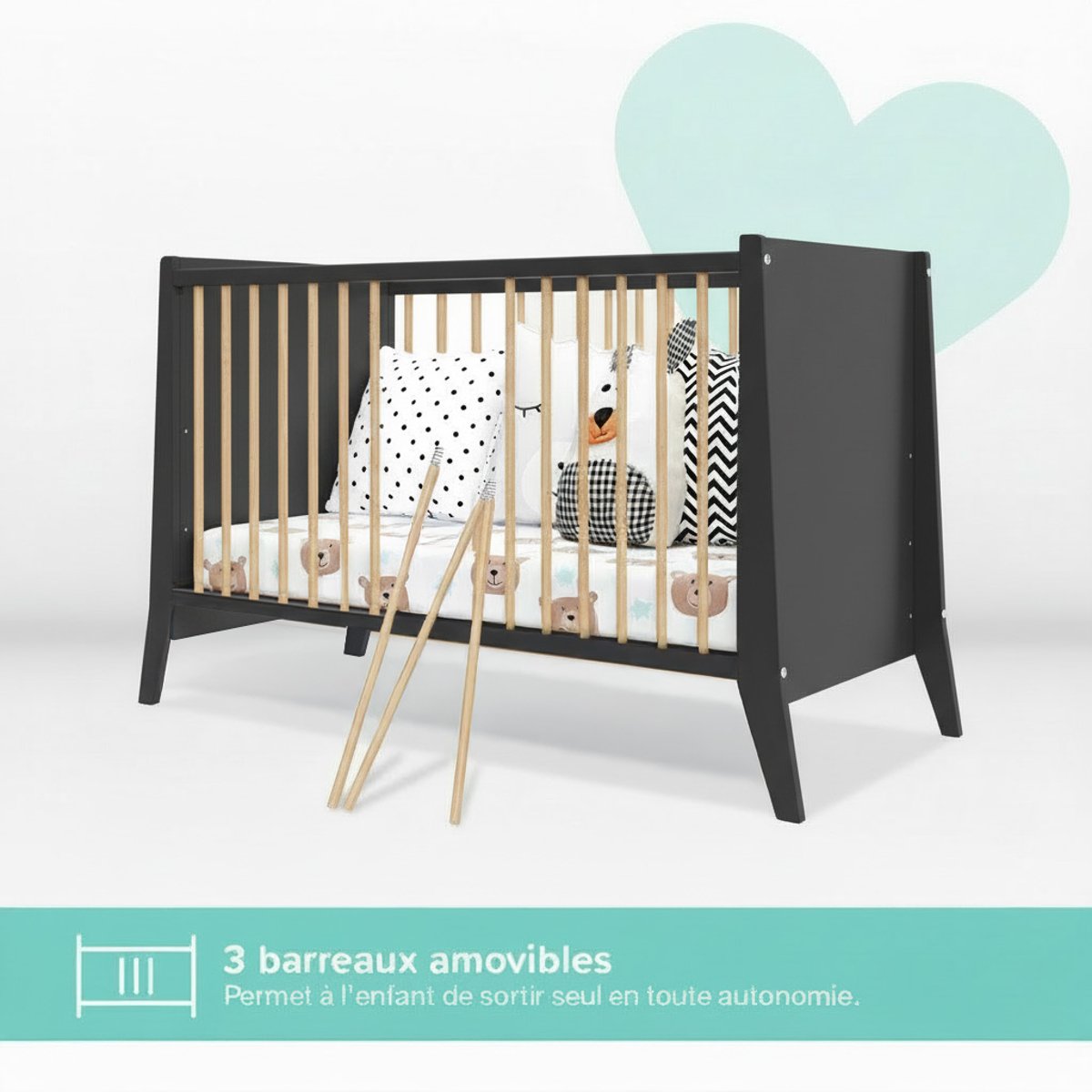 Lit bébé évolutif Timeo - Espace qui grandit gris, MINEA