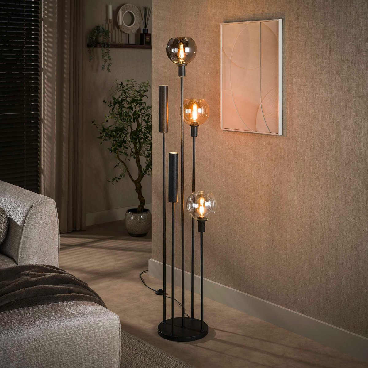 Lampadaire salon moderne 3 globes verre tricolore NOVA chrome, PIER IMPORT
