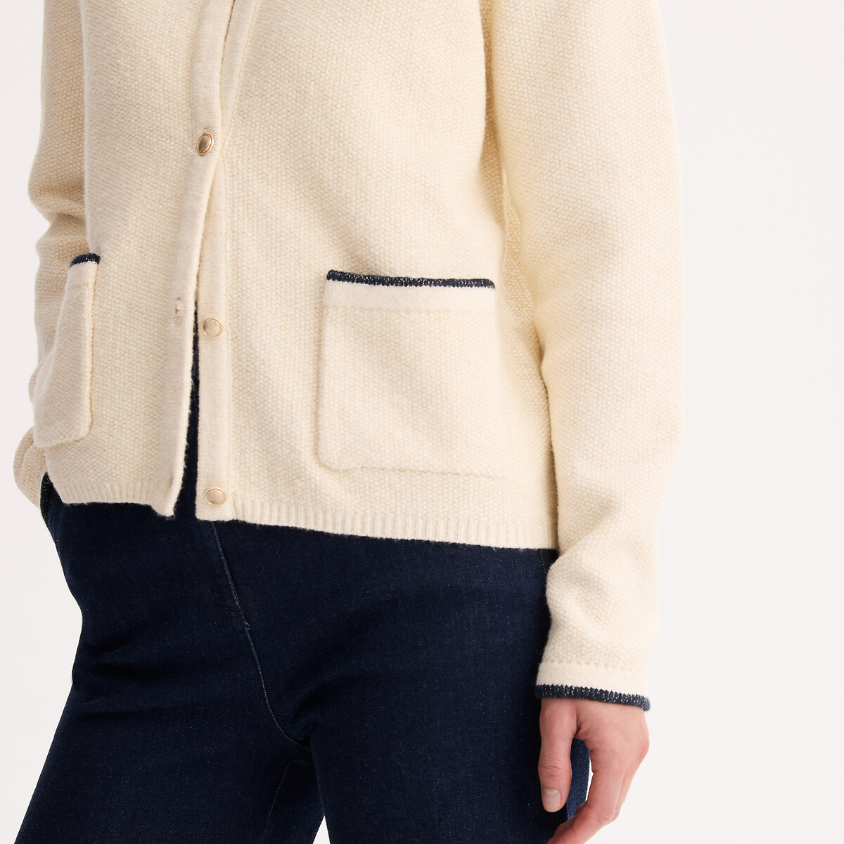 Fine Stretch Knit Contrast Edged Cardigan ecru/navy, ANNE WEYBURN