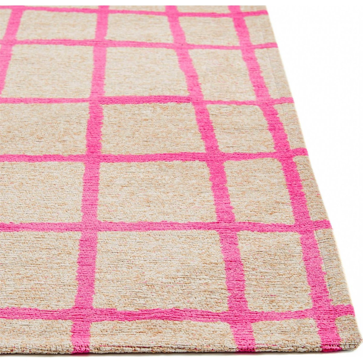 Tapis intérieur extérieur jacquard, CARO rose fuchsia sur fond beige clair, RECOLLECTION