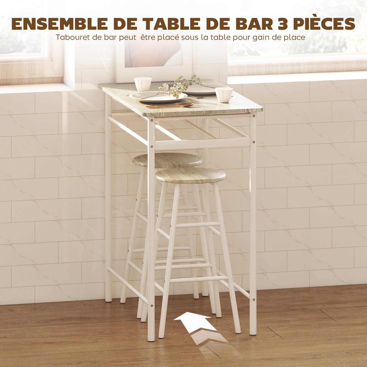 Ensemble de table de bar Métal Blanc blanc, chêne clair, HOMCOM