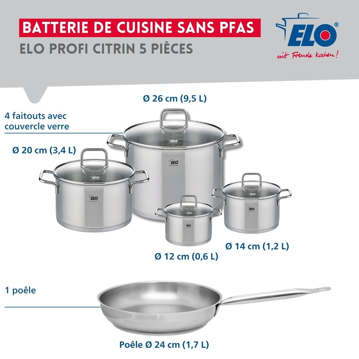 Batterie 1 poêle 24cm + 4 faitouts 12/14/20/26cm PROFI CITRIN gris, ELO