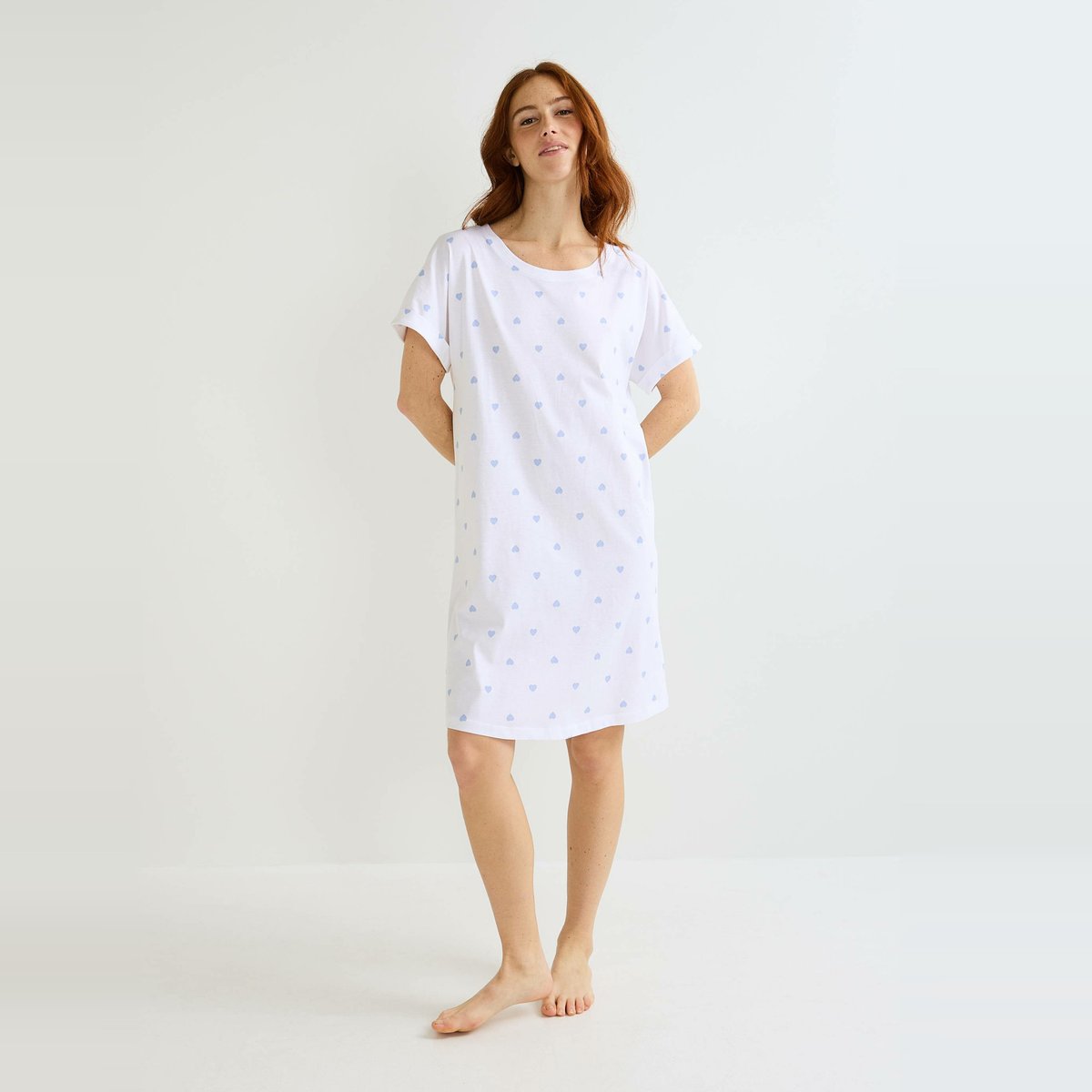 Chemise de nuit manches courtes imprimé coeur en coton BIO GOTS blanc, MONOPRIX