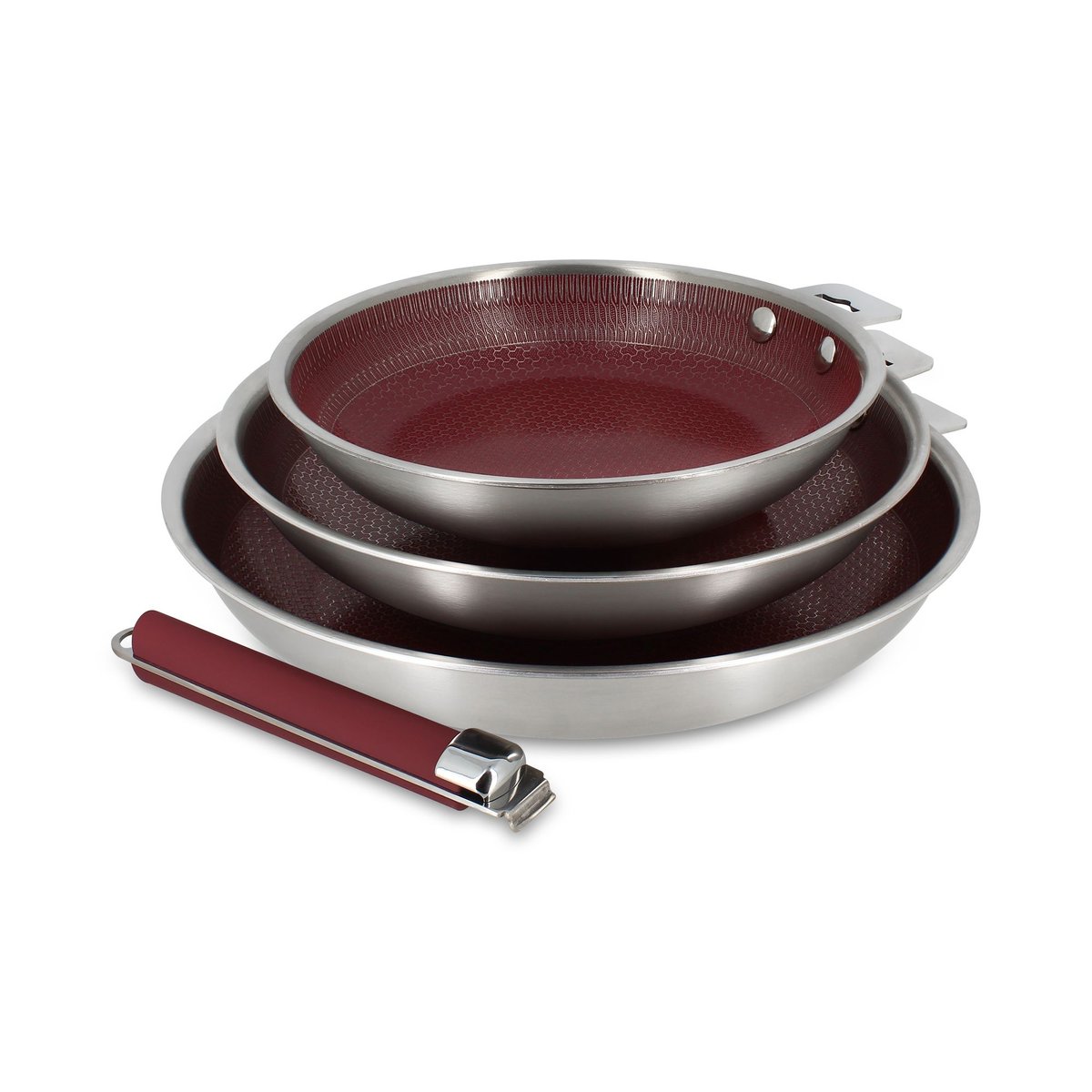 Lot de 3 poêles 20/24/28 cm en acier inoxydable avec 1 poignée, AGLAE lie de vin, MENASTYL