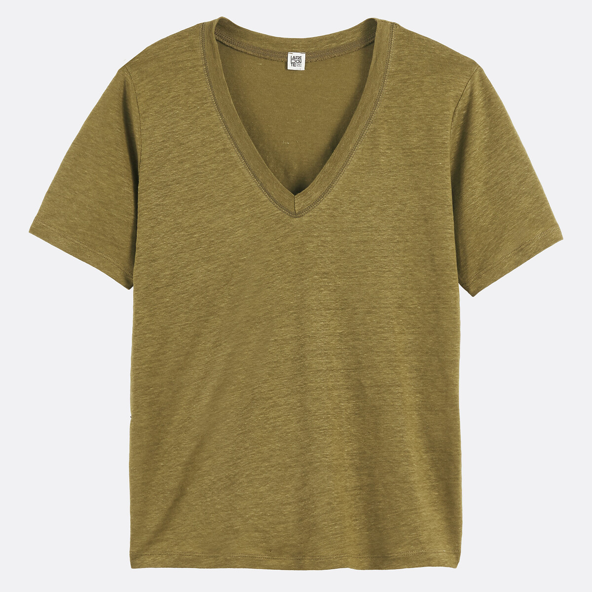 T-shirt en lin, col V, manches courtes vert kaki, LA REDOUTE COLLECTIONS