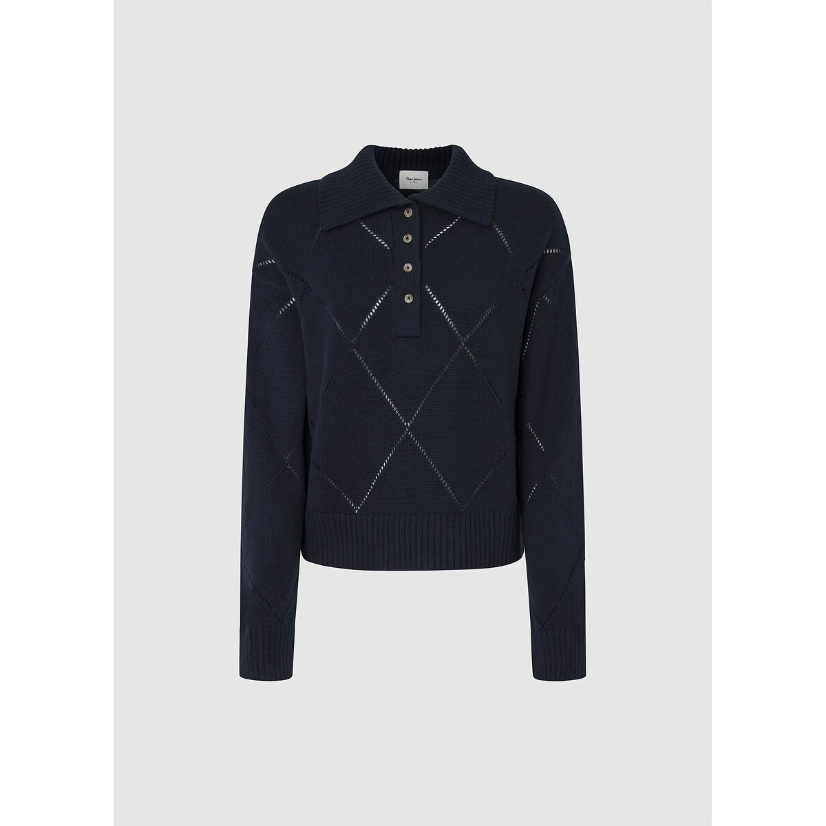 Pull avec maille ajourée, col polo IDRIS bleu marine, PEPE JEANS