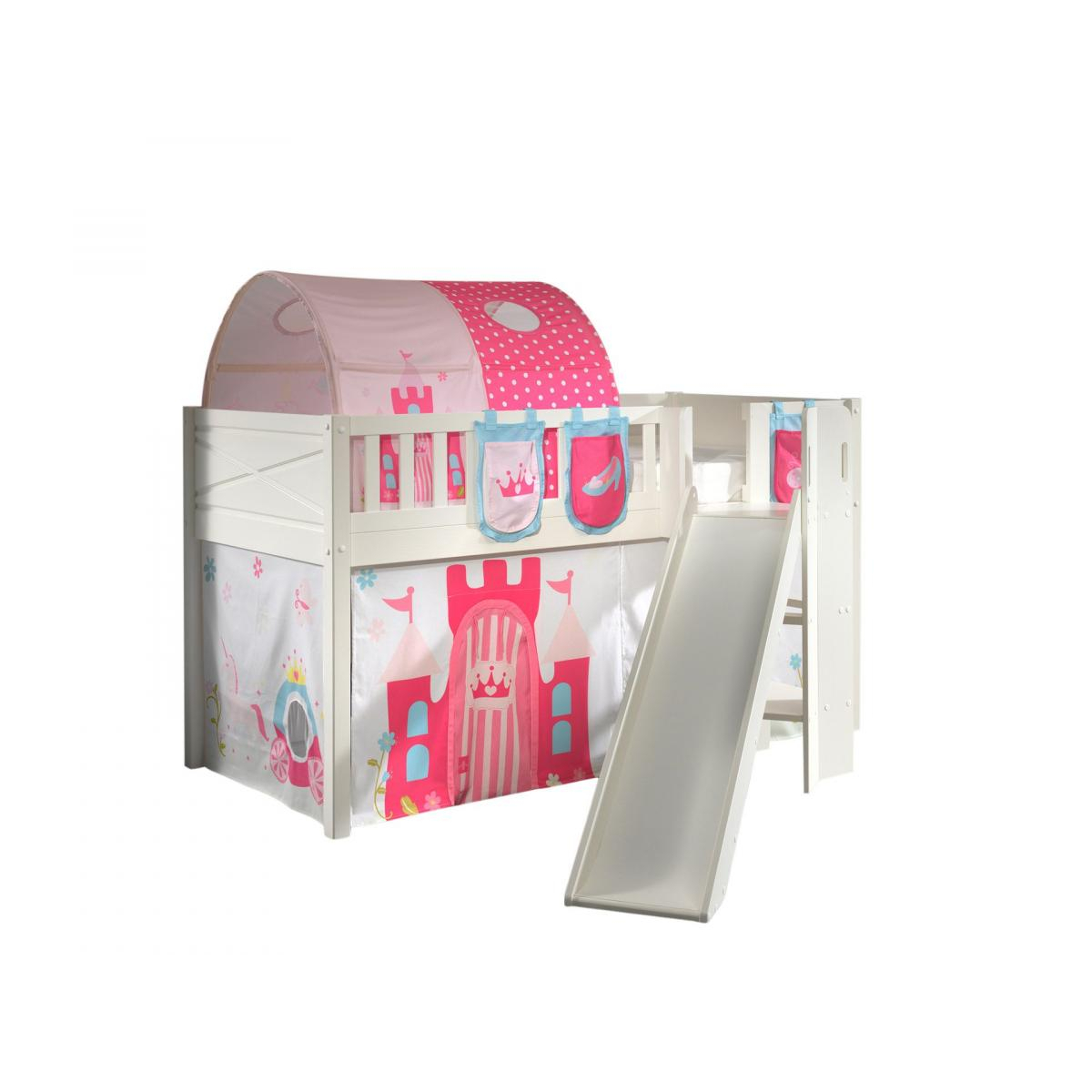 Scott Lit Mezzanine Toboggan et Rideau Princess, Tunnel et 3 Sacs Rangement couleur unique, VIPACK
