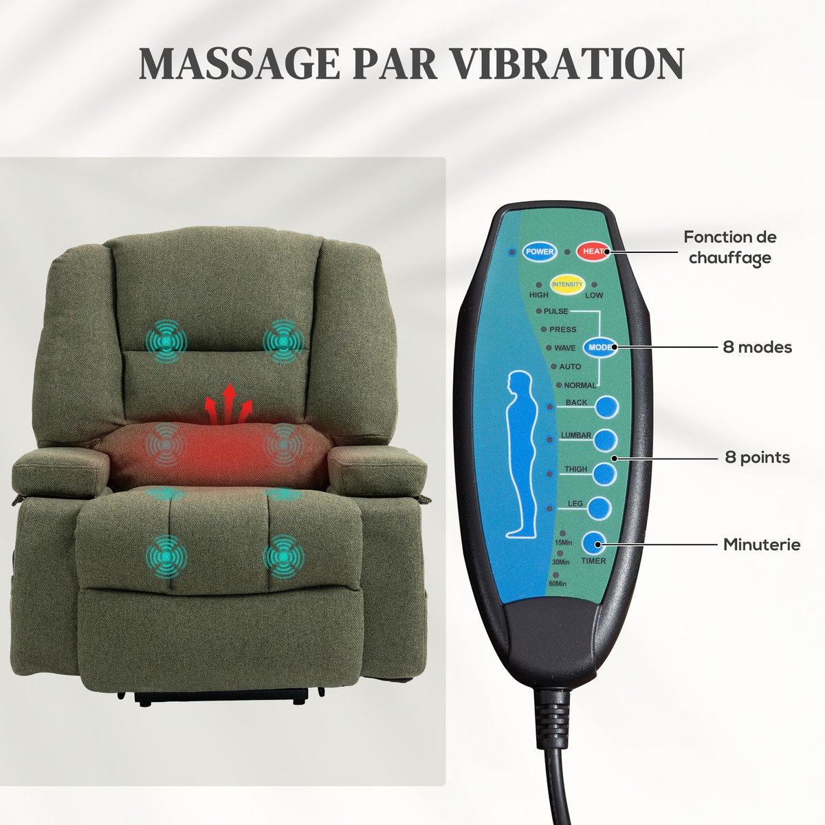 Fauteuil releveur multifonctionnel Lin vert, HOMCOM