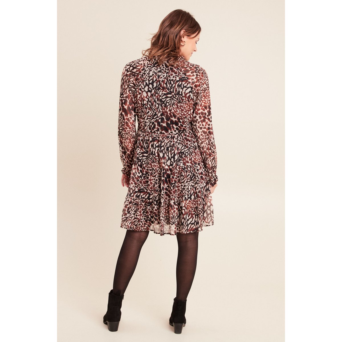 Robe courte évasée col v manches longues marron, BREAL