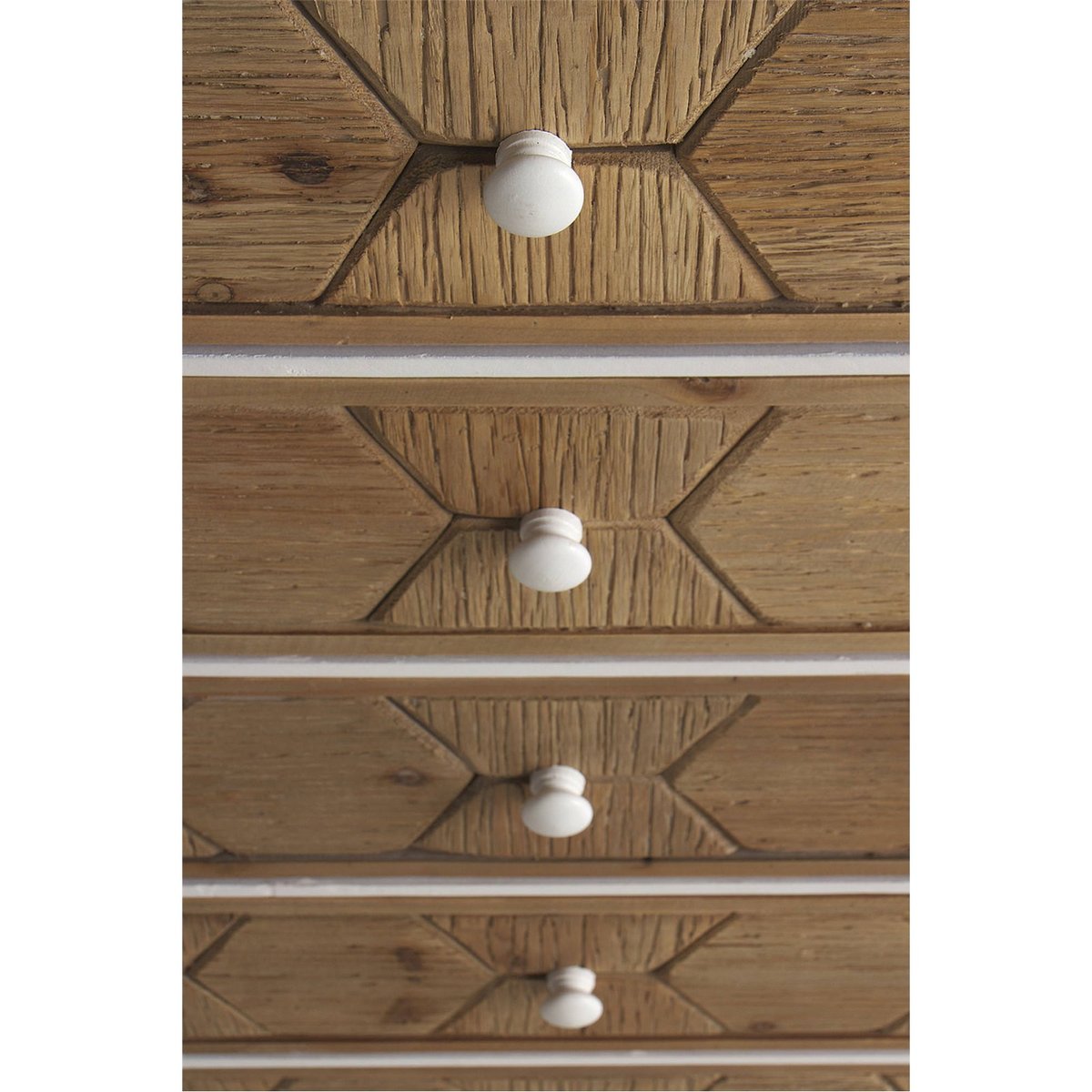 Commode 5 tiroirs en bois, Déco hexagonale blanc frêne et bois naturel, RECOLLECTION
