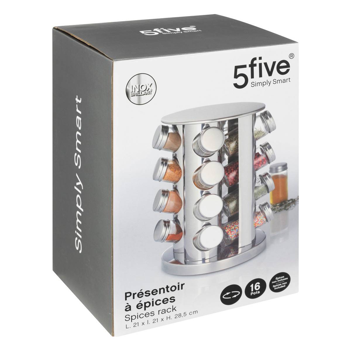 Support rotatif 16 pots à épices argent, 5FIVE SIMPLY SMART