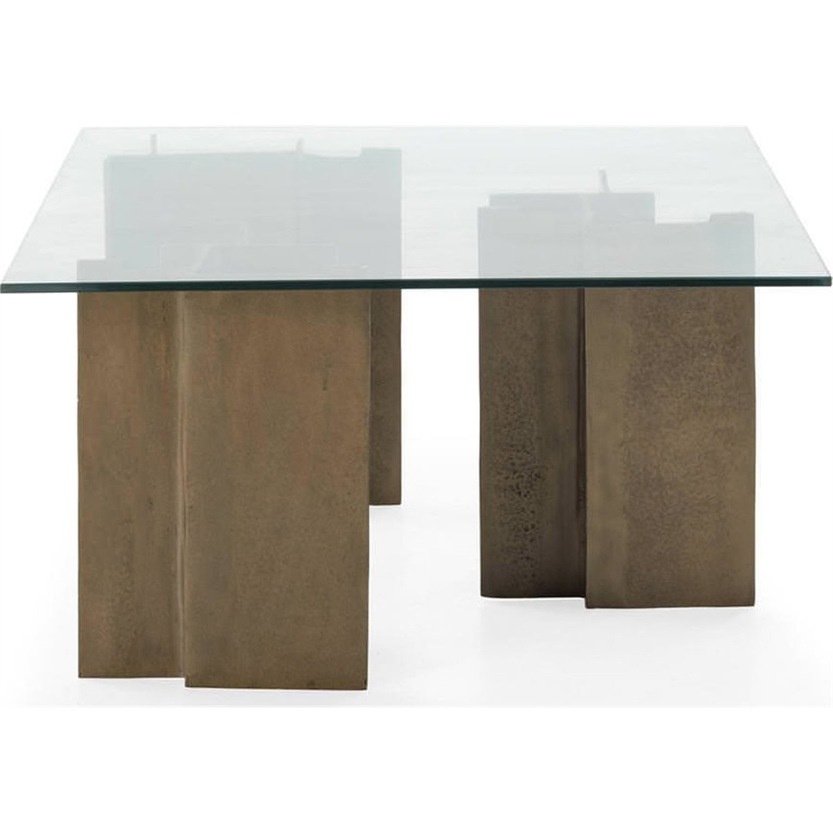 Table basse en verre et métal bronze vieilli et verre transparent, RECOLLECTION