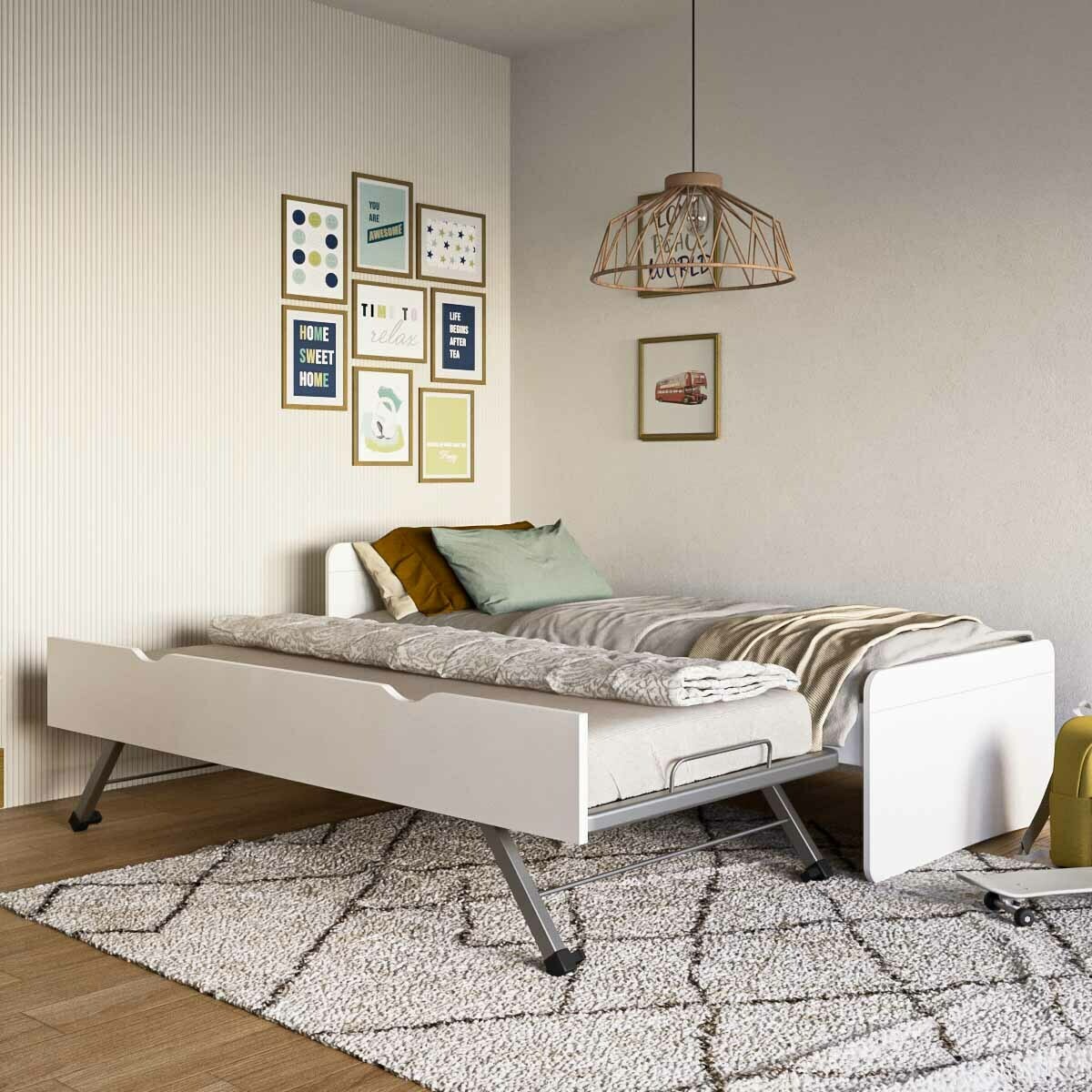 Pack lit gigogne avec matelas Bois massif LILOW blanc, AKITEN RETAIL