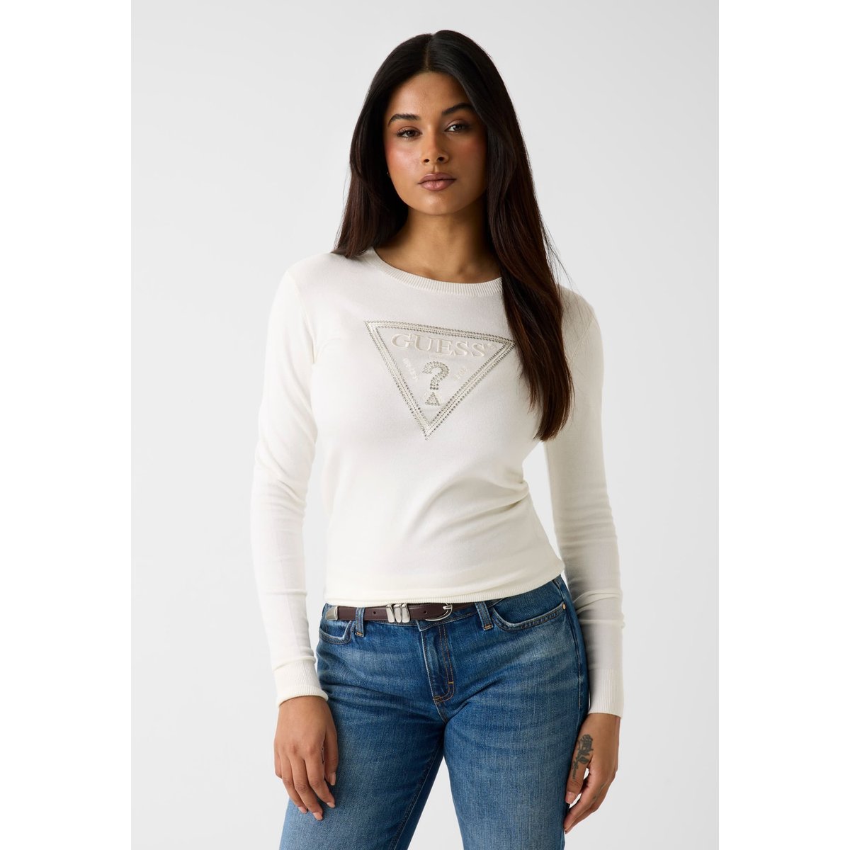 Pull Avec Logo Triangle crème, GUESS