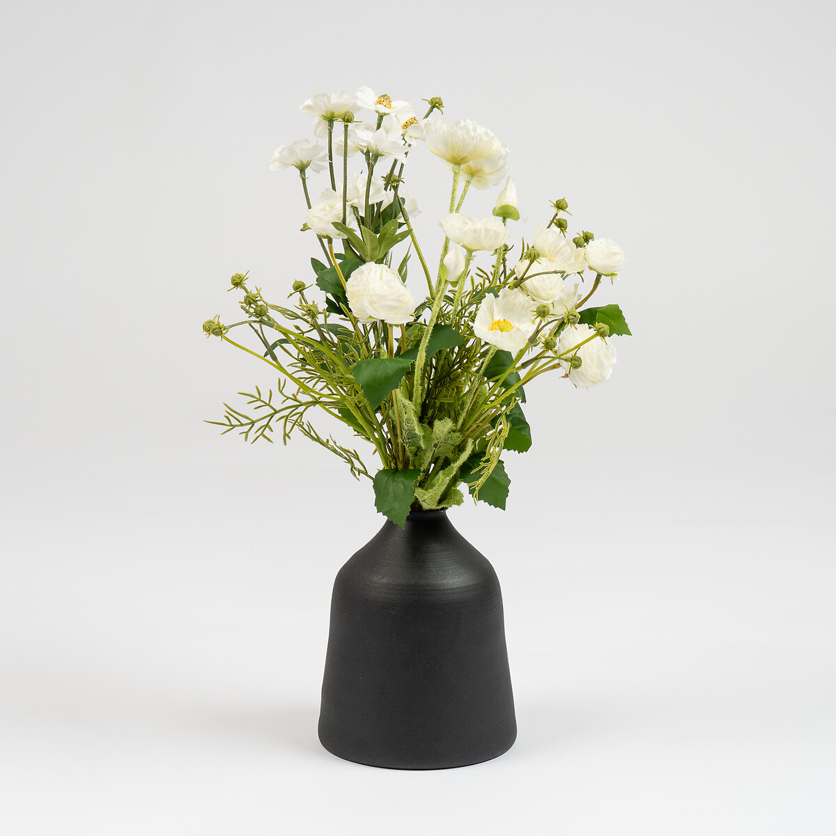 45cm Artificial White Poppy, Rose, and Cosmo Bouquet in Black Vase black, SO'HOME
