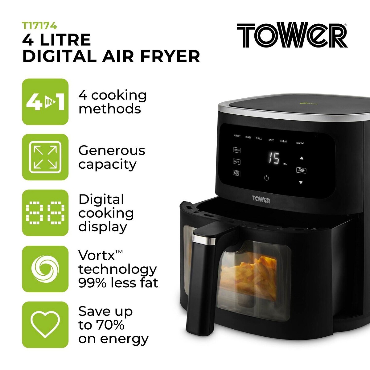 Vortx Vizion 4L Air Fryer - T17174 black, TOWER