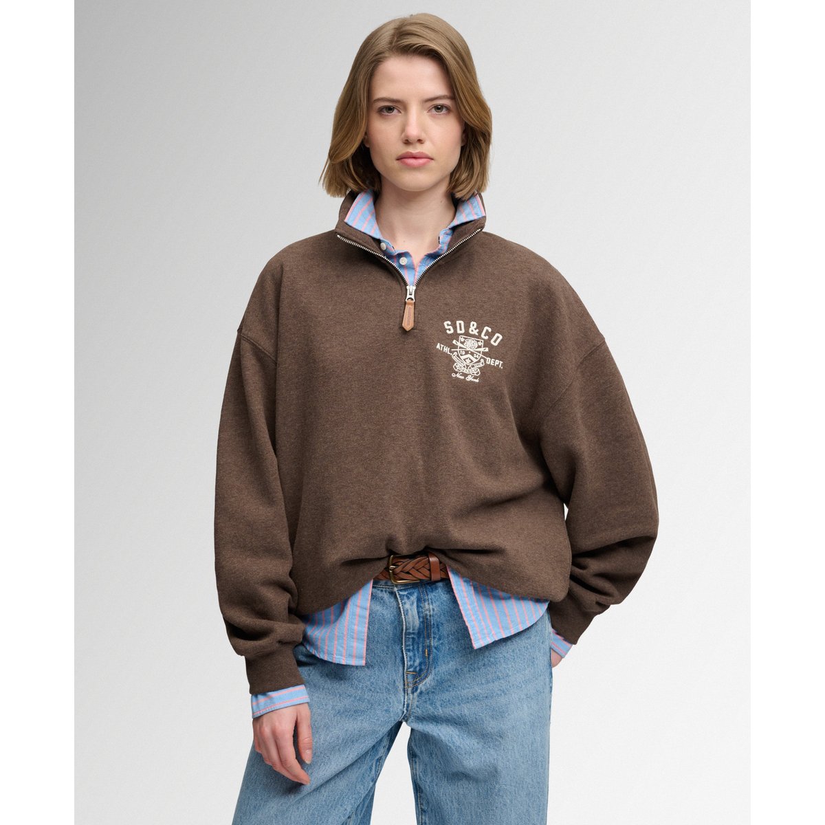 Sweatshirt Country Club Demi-Zip chocolat marron foncé chiné, SUPERDRY