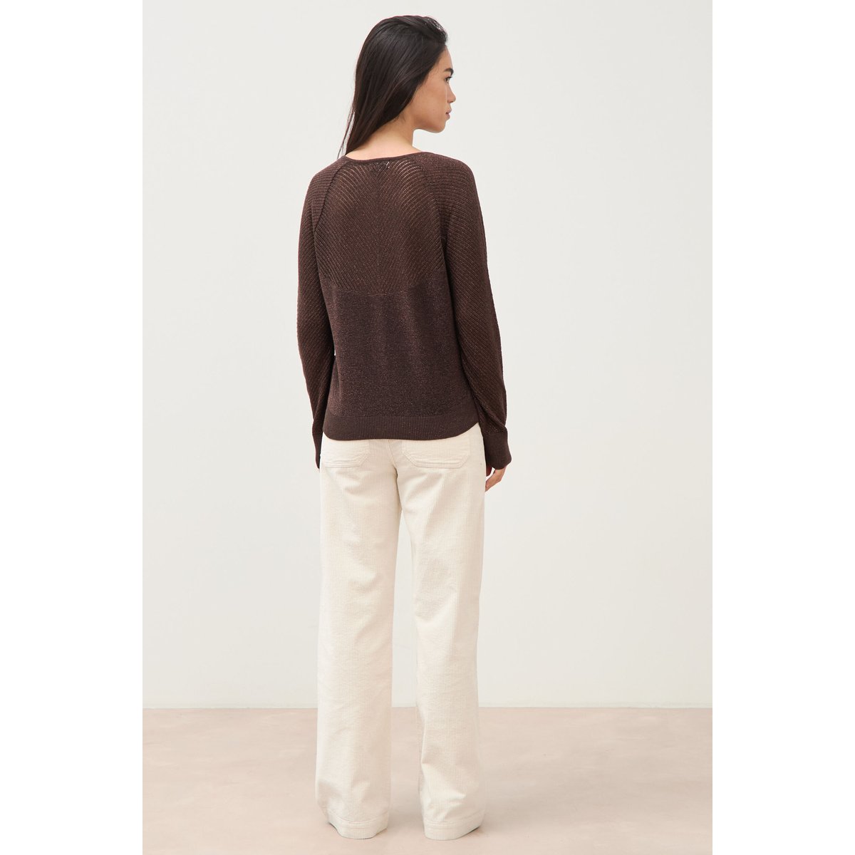 Pull droit col v manches longues marron, BONOBO