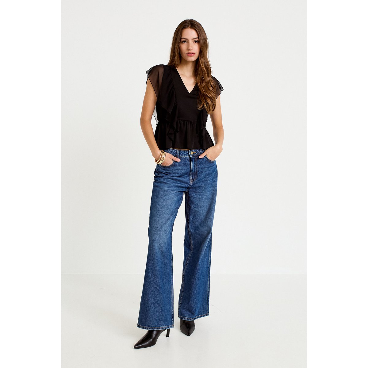 Blouse décolleté voile manches courtes noir, CACHE CACHE