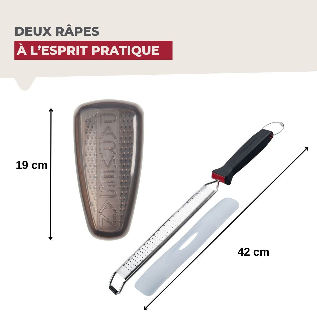 Duo Râpe à zeste longue à gros grain avec couvercle de protection inox|noir|transparent, FACKELMANN