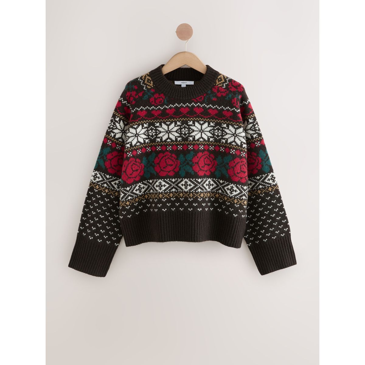 Pull ras du cou en maille avec laine fairisle marron chocolat, NEXT