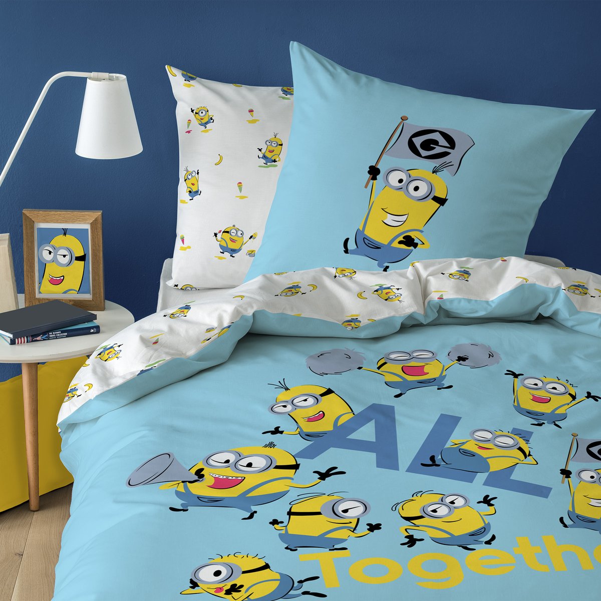 Parure de lit imprimée 100% coton, FÊTE bleu, LES MINIONS
