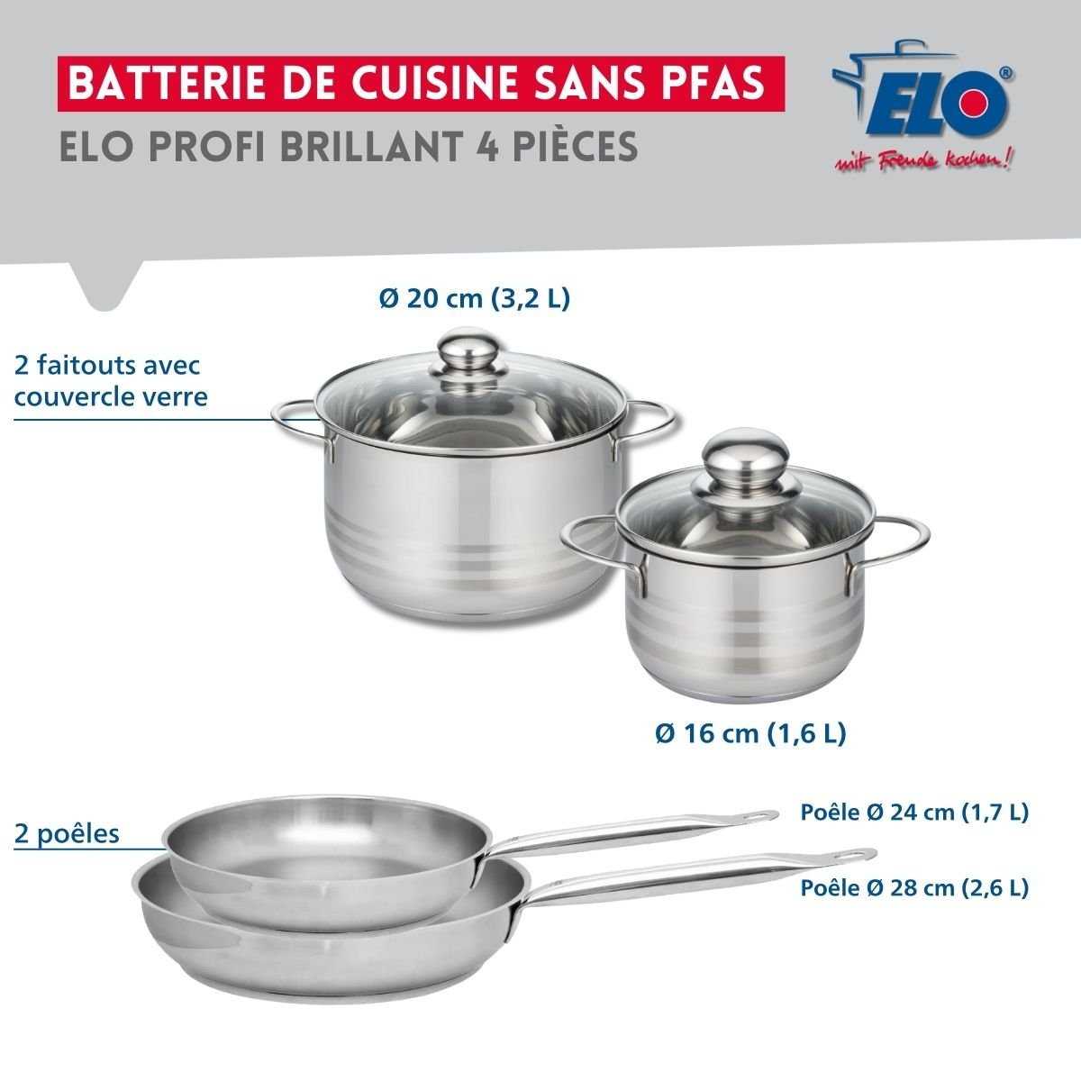 Batterie 2 poêles 24/28cm + 2 faitouts 16/20cm PROFI BRILLANT gris, ELO