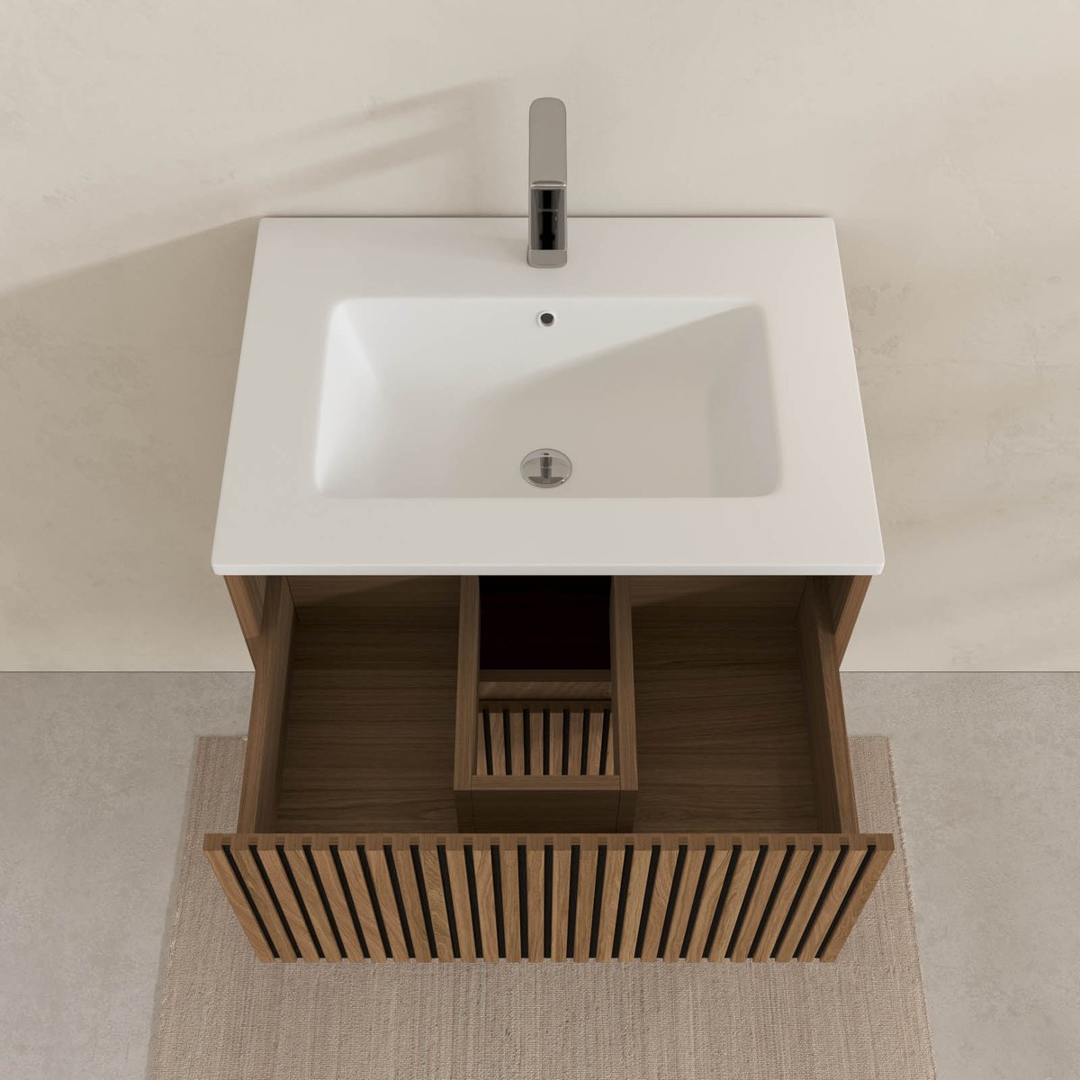 Meuble de salle de bain suspendu avec façade crantée et vasque encastrée naturel, HOME MAISON