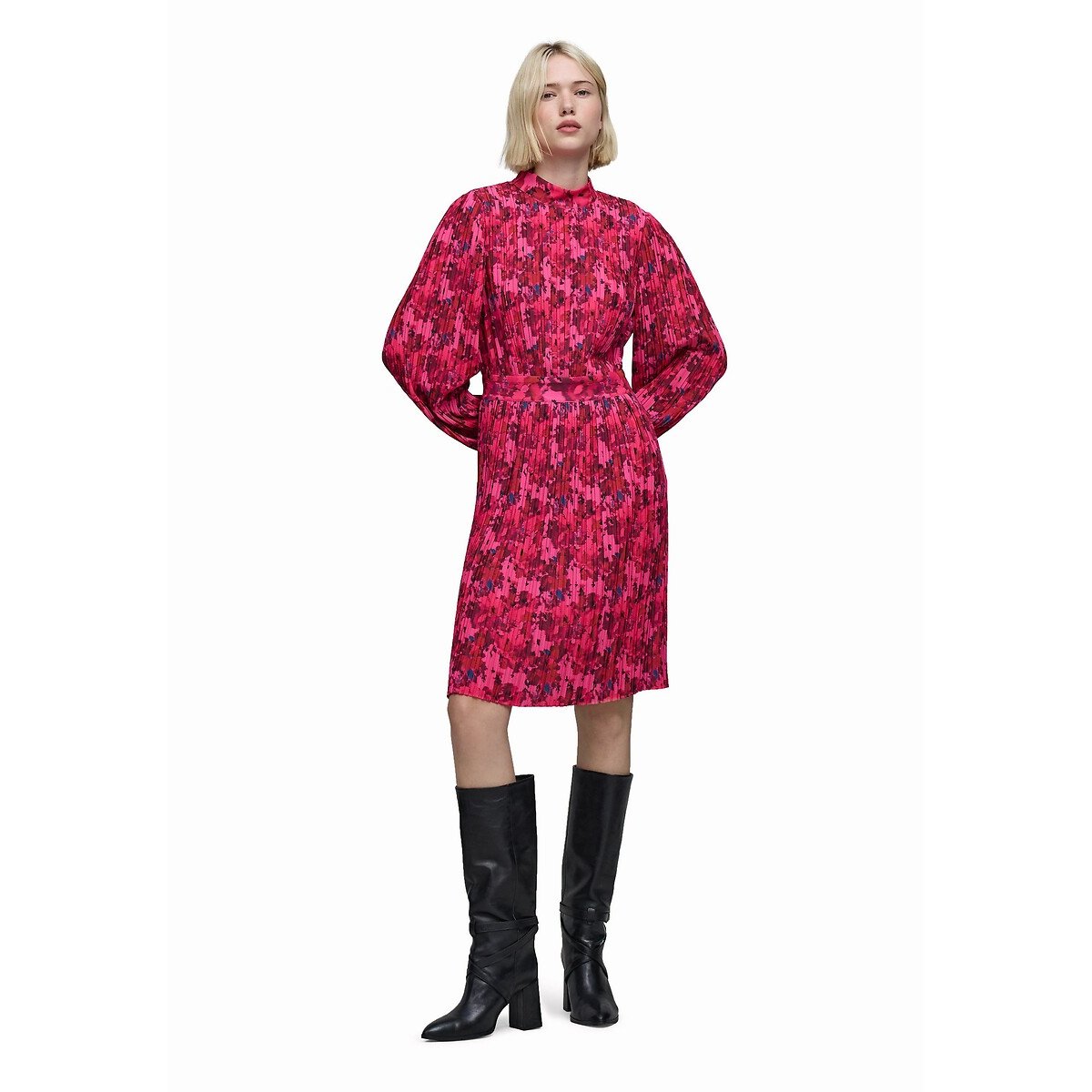 Origami Print Pleated Dress with Long Sleeves pink, IKKS