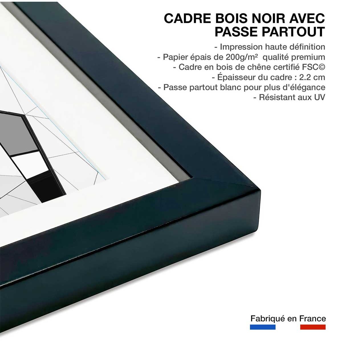 Affiche design detail puzzle affiche + cadre en bois - noir, HEXOA