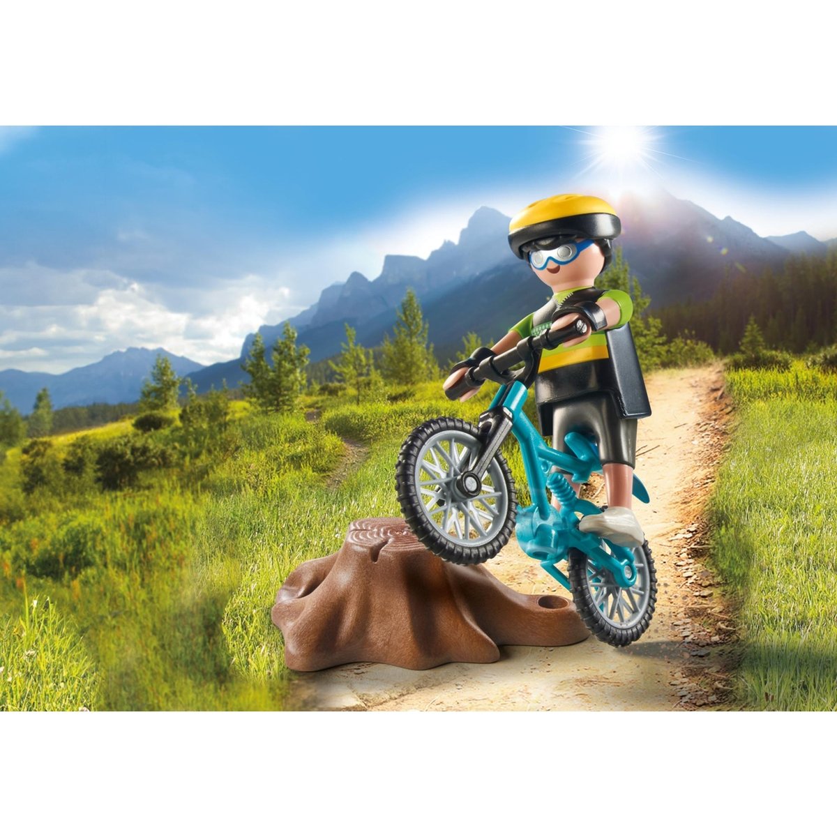 Cycliste avec vélo tout terrain et souche d'arbre multicolore, PLAYMOBIL