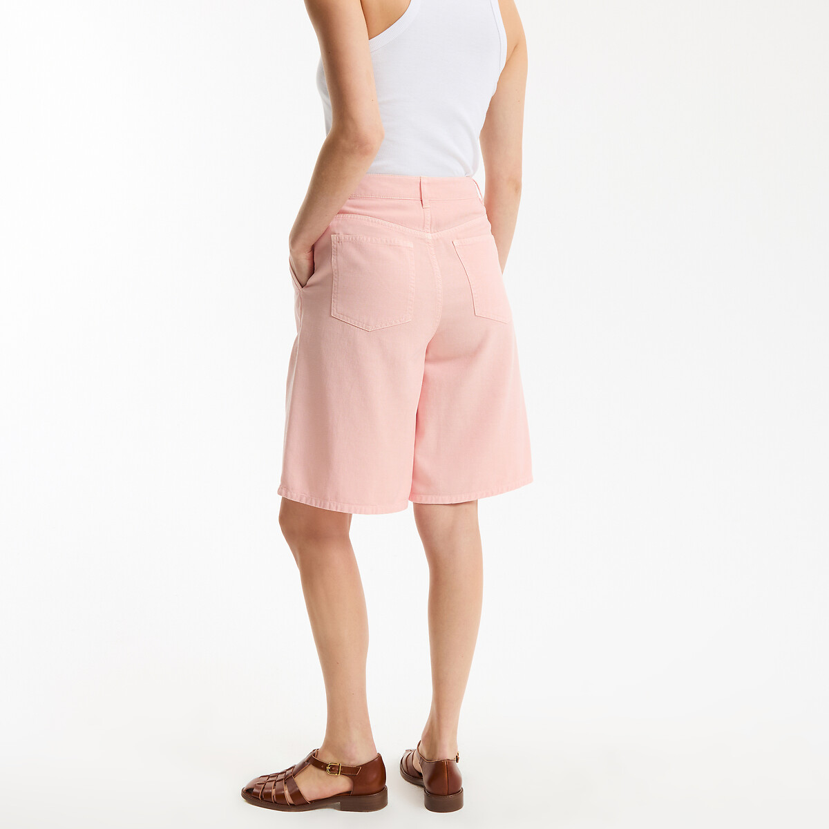Bermuda con pinces in cotone e lyocell rosa rigato marine, LA REDOUTE COLLECTIONS