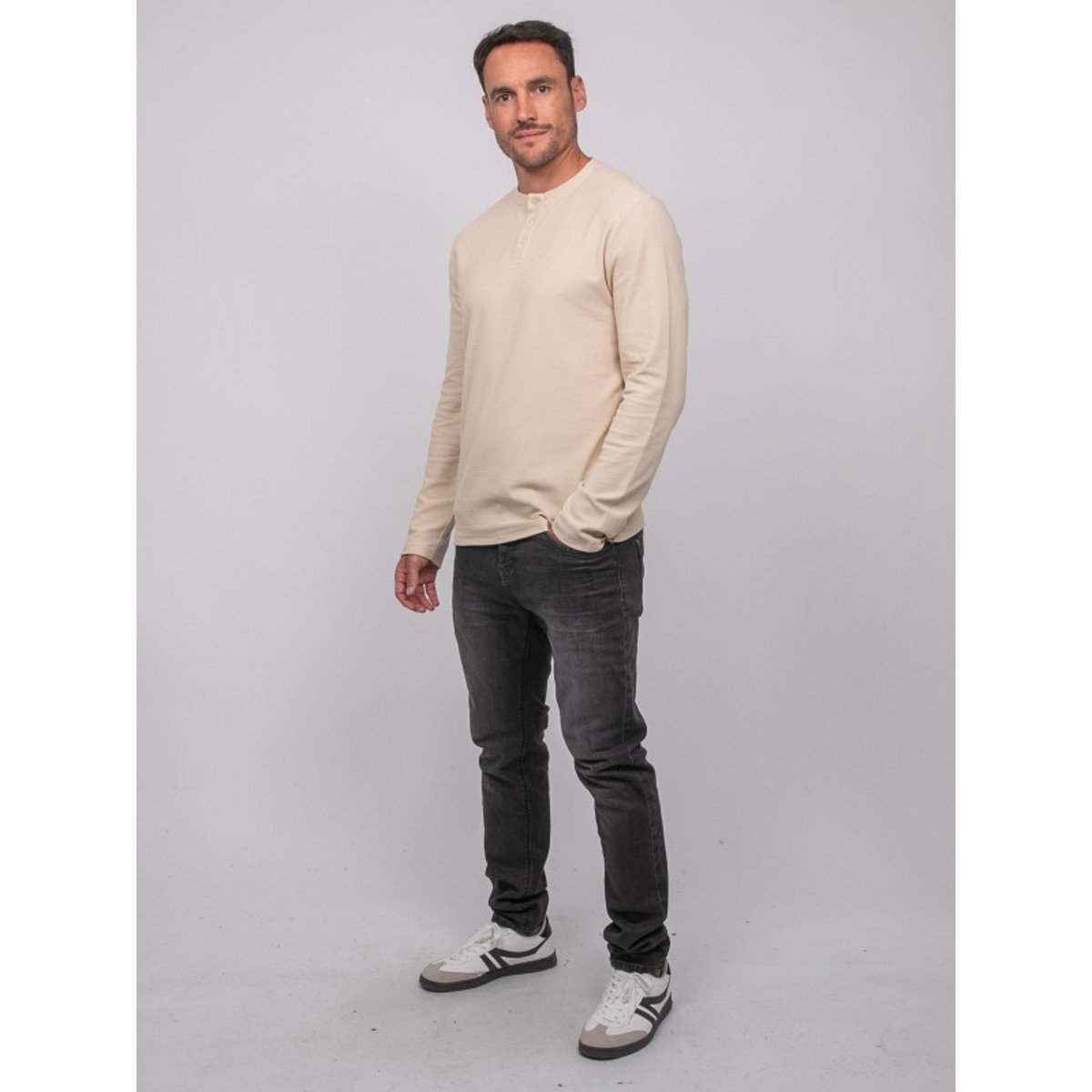 T Shirt Manches Longues Col Tunisien Coton Jominol beige, RITCHIE