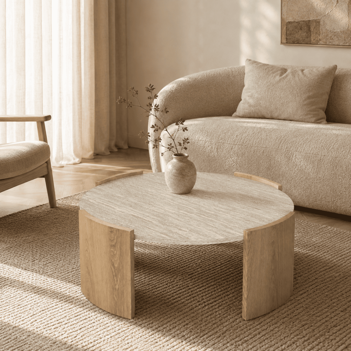 Table basse ronde effet travertin et bois - IZIA bois clair, CALICOSY
