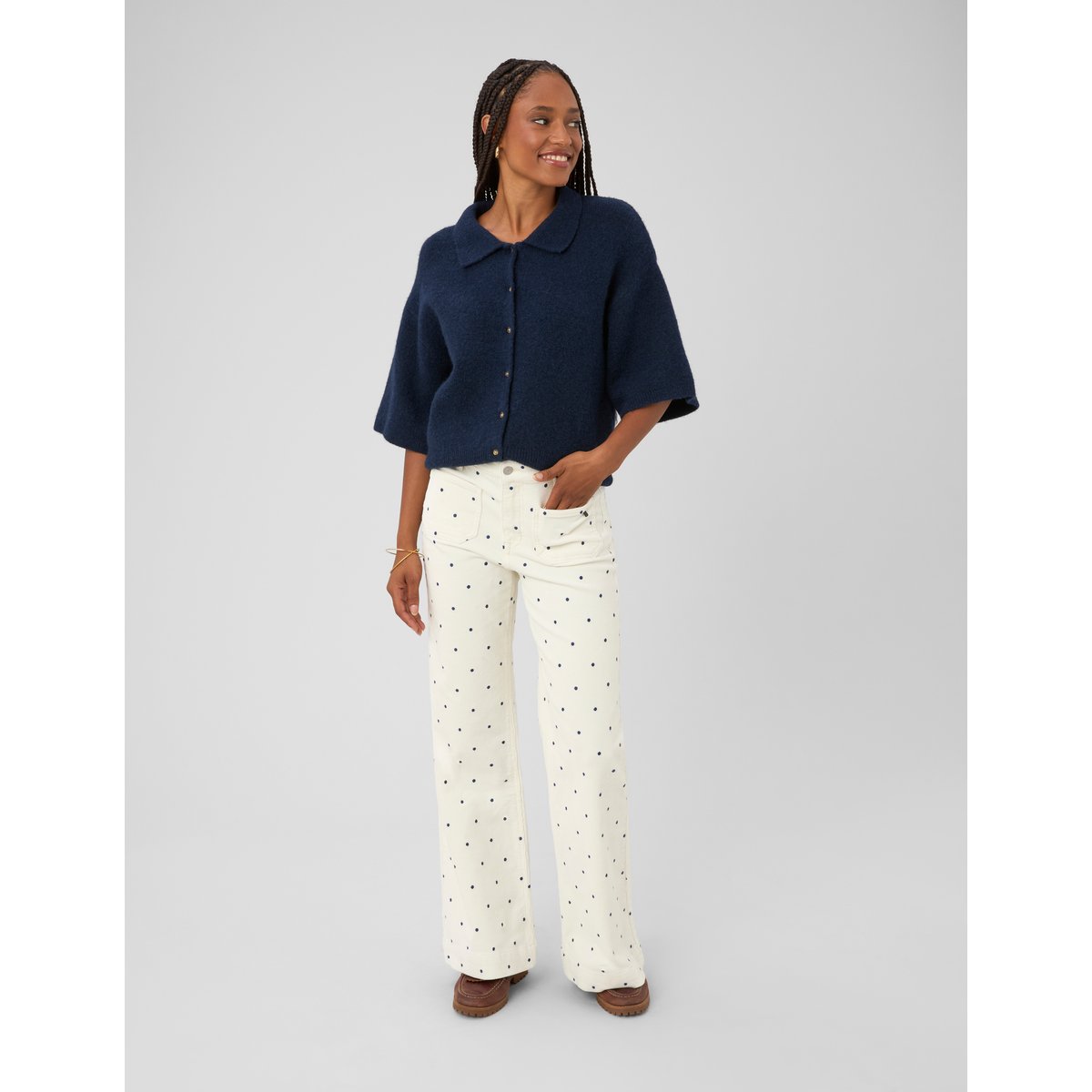 Pantalon imprimé coupe droite blanc écru, BZB