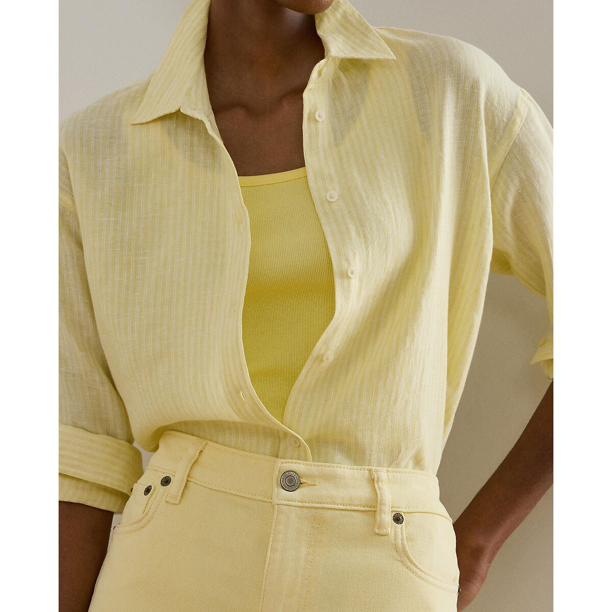 Striped Linen Shirt with Long Sleeves yellow/white striped, LAUREN RALPH LAUREN
